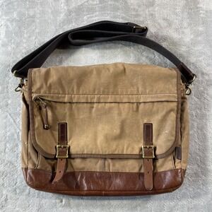 Fossil Messenger Bag Unisex Brown Canvas Leather Trim Crossbody Laptop